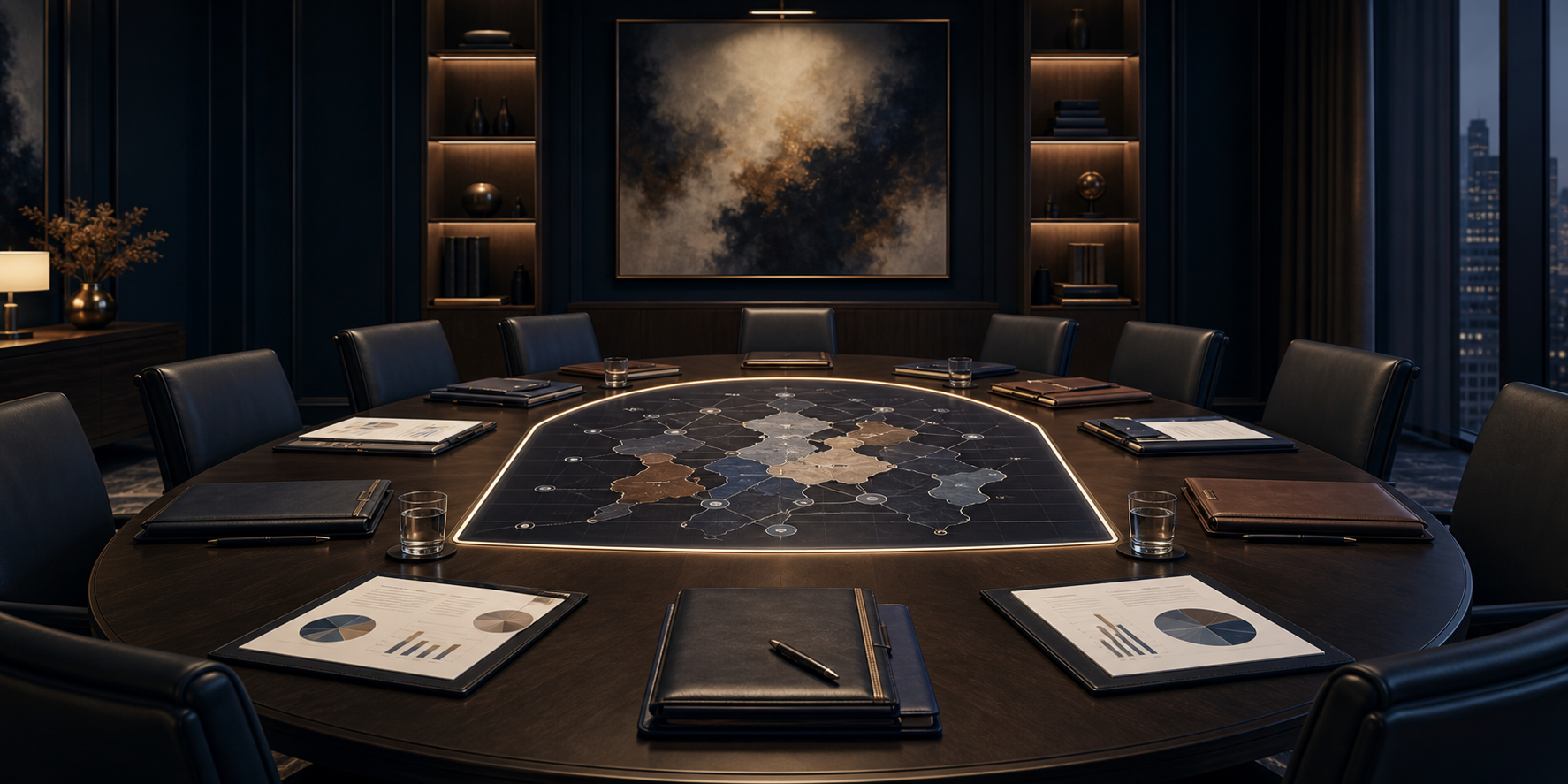 An executive boardroom arranged around a central coordinated asset map